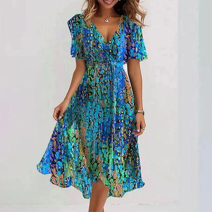 Floral Draped Chiffon Dress – Summer Office Dress with V Neck and High Waist A-Line Fit, Perfect for Elegant Occasions