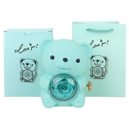 Eternal Rose Teddy Bear Necklace –  Personalized Engraved Name with Rotating Rose Jewelry Box for Her