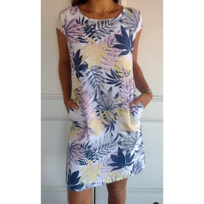 Vintage Boho Midi Dress with Flower and Leaf Print – Botanical Print Short-Sleeve Vacation Dress with Big Pockets for a Chic Beach Style