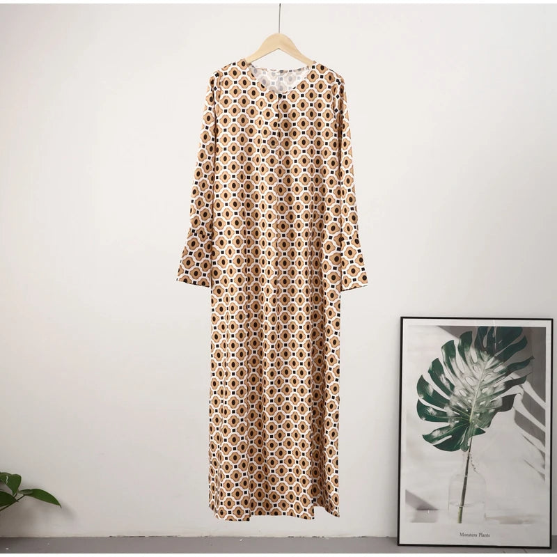 Floral Geometric Split Dress – Women’s Summer Long Sleeve V-Neck Ankle-Length Print Dress for Casual Fashion and Comfortable Elegance