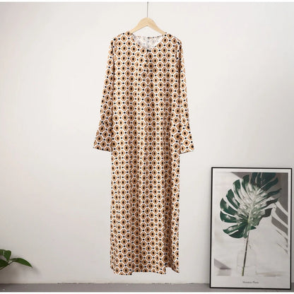 Floral Geometric Split Dress – Women’s Summer Long Sleeve V-Neck Ankle-Length Print Dress for Casual Fashion and Comfortable Elegance