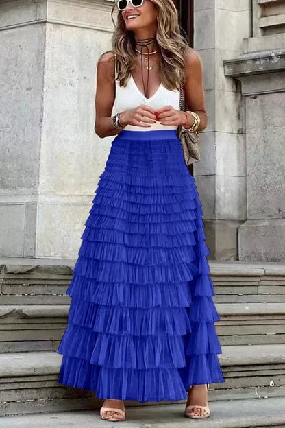 Elegant Women’s Tiered Tulle Maxi Skirt – High Waist Pleated Mesh Ball Gown Perfect for Dating, Parties, and Daily Chic