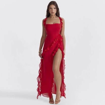 Temperament Ruffle Maxi Dress – Sexy Slash Neck Split Gown for Club & Evening Glam