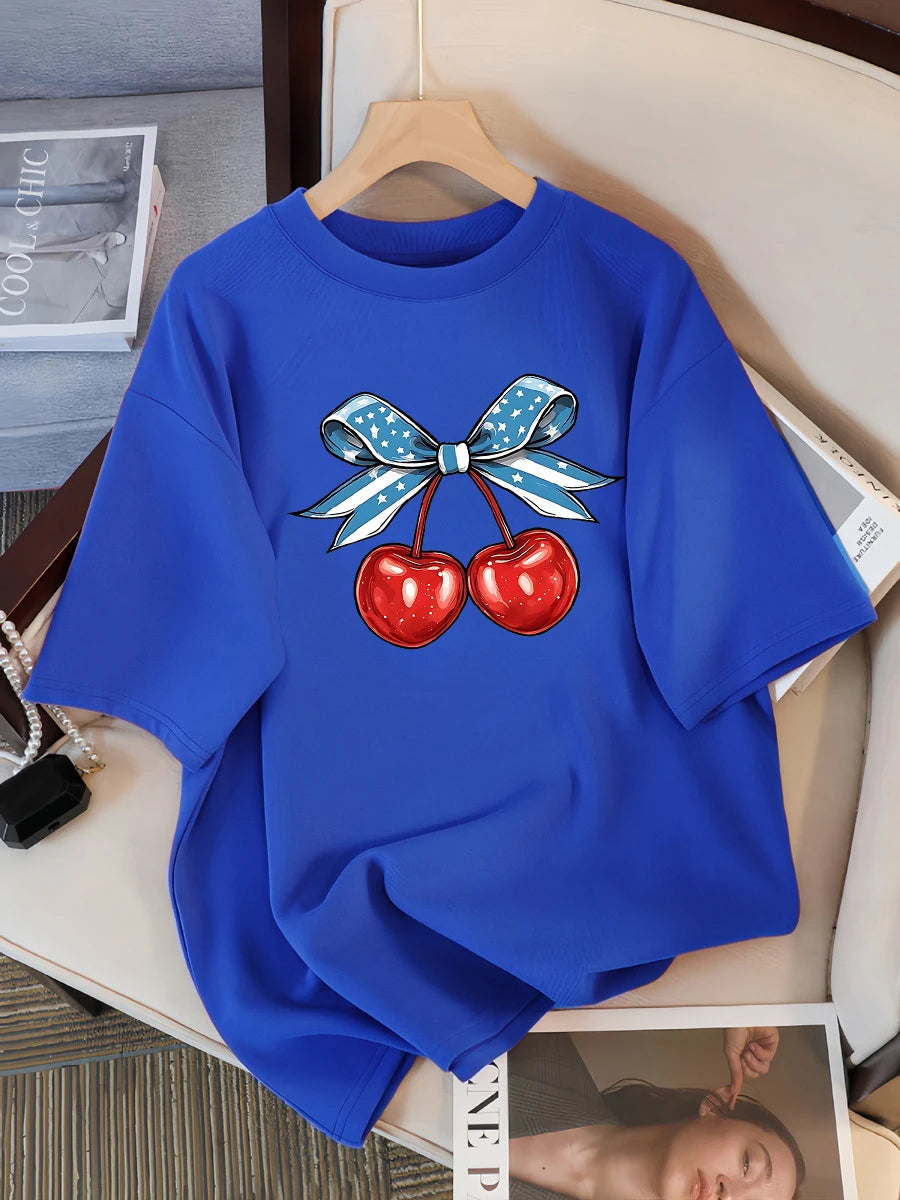 Women’s Cotton Cherry Print T-Shirt – Summer Loose Hip Hop Tee with Flag Bow Detail, Breathable Comfort, and Stylish Streetwear Vibe