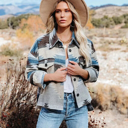 Vintage Aztec Denim Jacket with Collar – Wool Lined Loose Fit Long Sleeve Outerwear for Trendy Streetwear Vibes