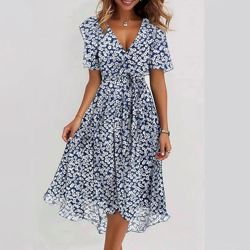 Floral Draped Chiffon Dress – Summer Office Dress with V Neck and High Waist A-Line Fit, Perfect for Elegant Occasions
