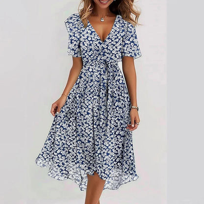 Floral Draped Chiffon Dress – Summer Office Dress with V Neck and High Waist A-Line Fit, Perfect for Elegant Occasions