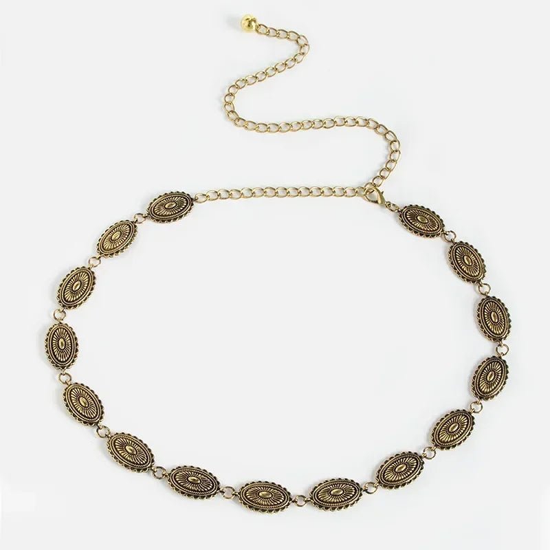 Boho Sunburst Women Chain Belt – Southwest Stamped Metal Medallion Accessory for Cowgirl Chic Summer Dresses & Effortless Waistline Glam