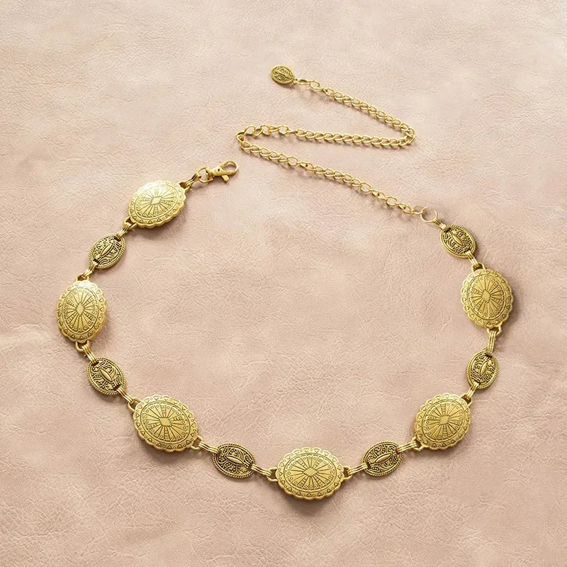 Boho Sunburst Women Chain Belt – Southwest Stamped Metal Medallion Accessory for Cowgirl Chic Summer Dresses & Effortless Waistline Glam