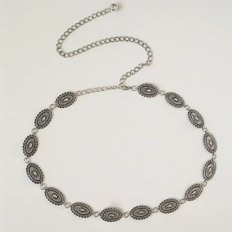 Boho Sunburst Women Chain Belt – Southwest Stamped Metal Medallion Accessory for Cowgirl Chic Summer Dresses & Effortless Waistline Glam