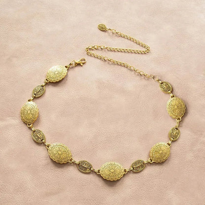 Boho Sunburst Women Chain Belt – Southwest Stamped Metal Medallion Accessory for Cowgirl Chic Summer Dresses & Effortless Waistline Glam