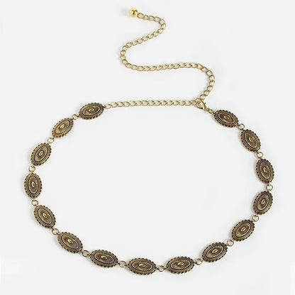 Boho Sunburst Women Chain Belt – Southwest Stamped Metal Medallion Accessory for Cowgirl Chic Summer Dresses & Effortless Waistline Glam