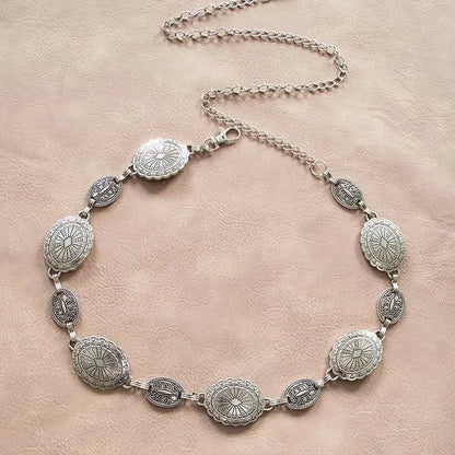 Boho Sunburst Women Chain Belt – Southwest Stamped Metal Medallion Accessory for Cowgirl Chic Summer Dresses & Effortless Waistline Glam