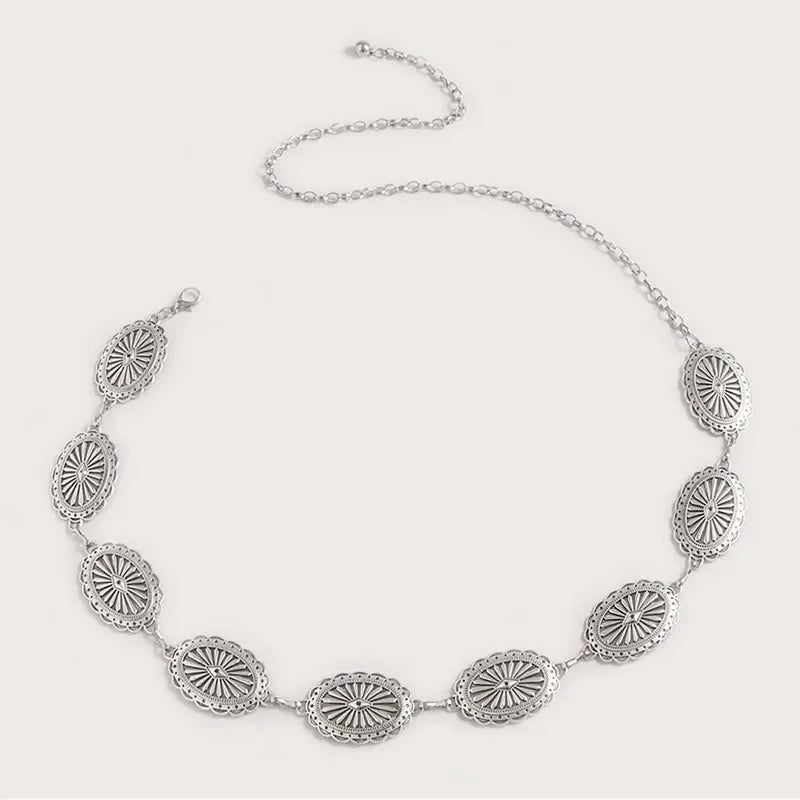 Boho Sunburst Women Chain Belt – Southwest Stamped Metal Medallion Accessory for Cowgirl Chic Summer Dresses & Effortless Waistline Glam