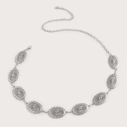 Boho Sunburst Women Chain Belt – Southwest Stamped Metal Medallion Accessory for Cowgirl Chic Summer Dresses & Effortless Waistline Glam