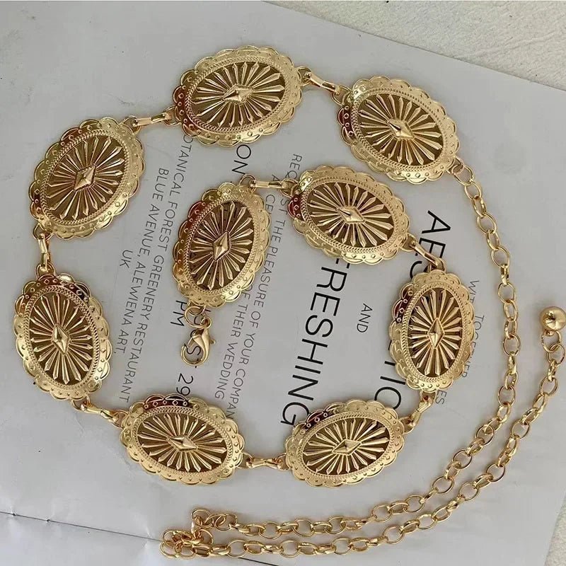 Boho Sunburst Women Chain Belt – Southwest Stamped Metal Medallion Accessory for Cowgirl Chic Summer Dresses & Effortless Waistline Glam