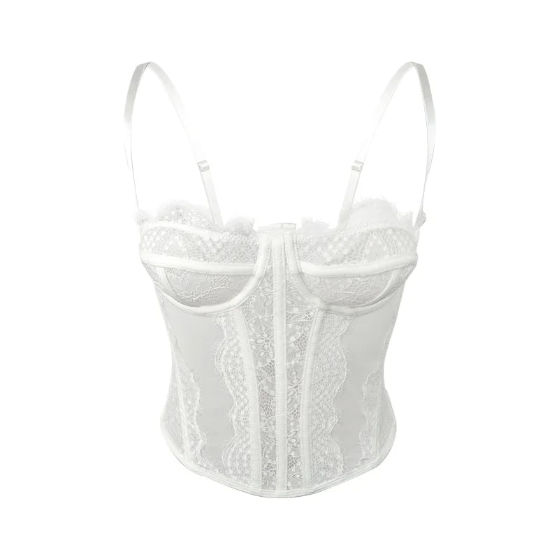 Lace Mesh Corset Top – Open Back Spaghetti Strap Bustier for Lingerie or Street Chic for Women