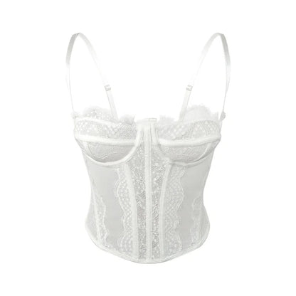 Lace Mesh Corset Top – Open Back Spaghetti Strap Bustier for Lingerie or Street Chic for Women