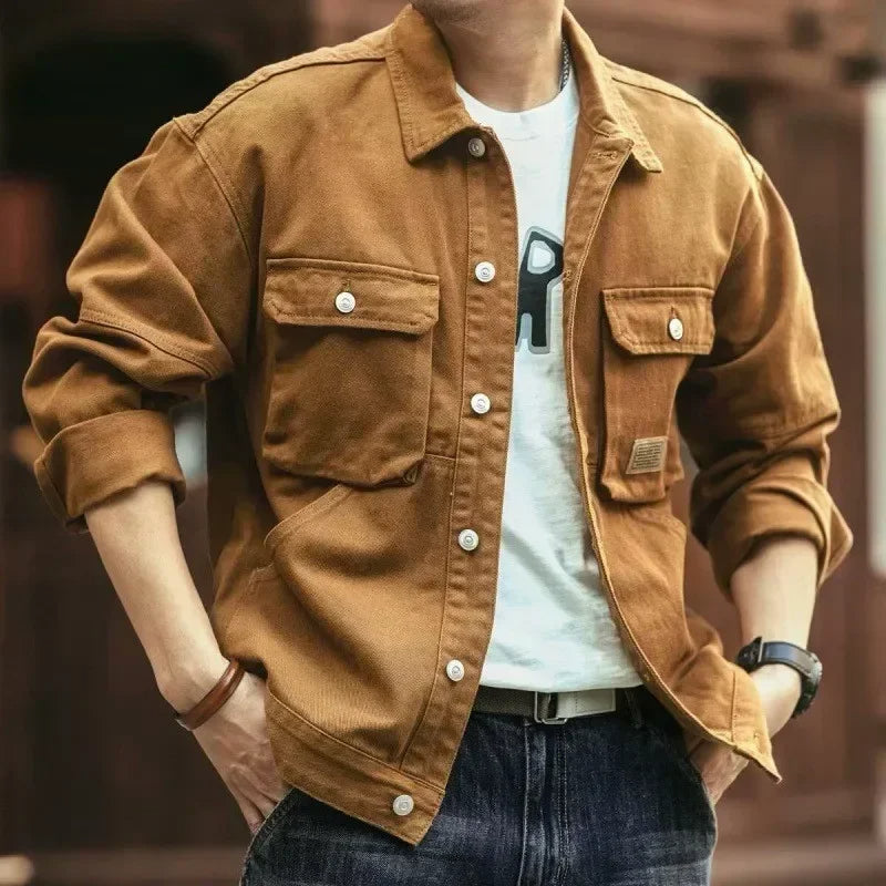Men’s Solid Cargo Denim Jacket – Loose Plus-Size Fashionable Casual Coat for Spring and Autumn Streetwear Daily Outfits