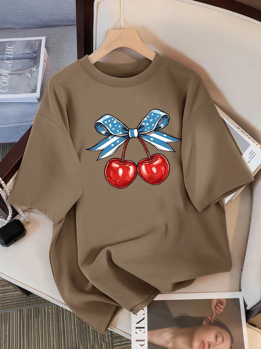 Women’s Cotton Cherry Print T-Shirt – Summer Loose Hip Hop Tee with Flag Bow Detail, Breathable Comfort, and Stylish Streetwear Vibe