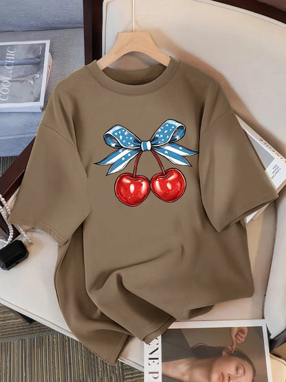 Women’s Cotton Cherry Print T-Shirt – Summer Loose Hip Hop Tee with Flag Bow Detail, Breathable Comfort, and Stylish Streetwear Vibe