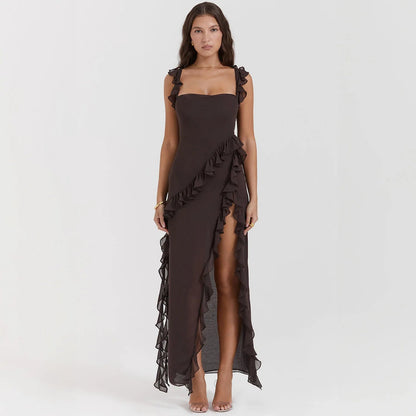 Temperament Ruffle Maxi Dress – Sexy Slash Neck Split Gown for Club & Evening Glam