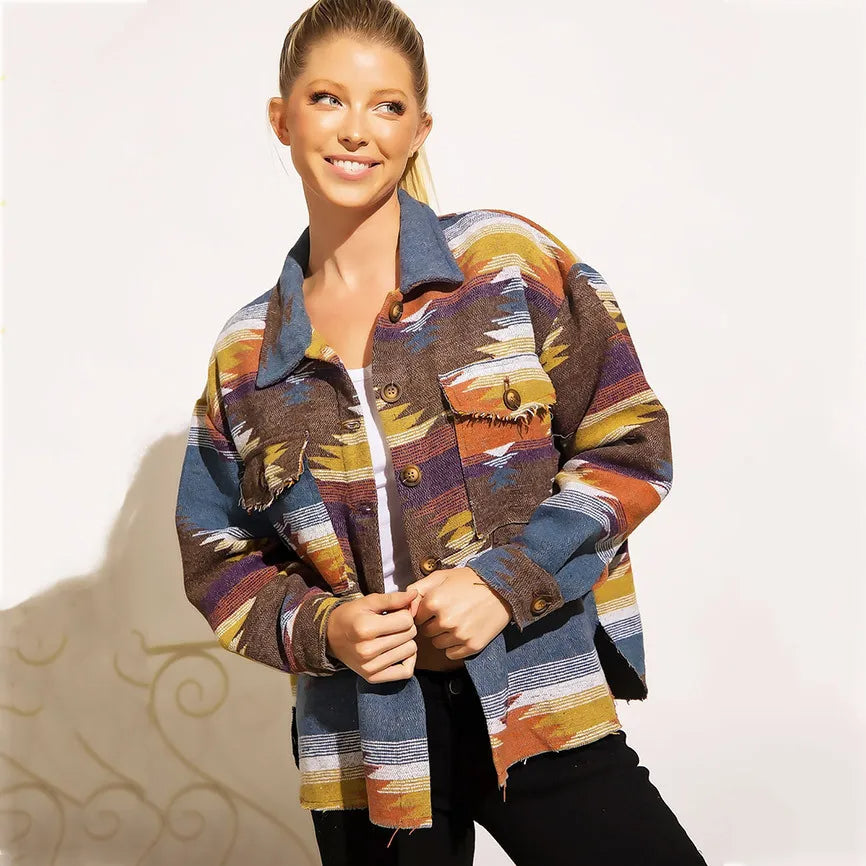 Vintage Aztec Denim Jacket with Collar – Wool Lined Loose Fit Long Sleeve Outerwear for Trendy Streetwear Vibes