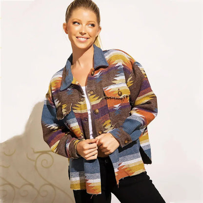 Vintage Aztec Denim Jacket with Collar – Wool Lined Loose Fit Long Sleeve Outerwear for Trendy Streetwear Vibes