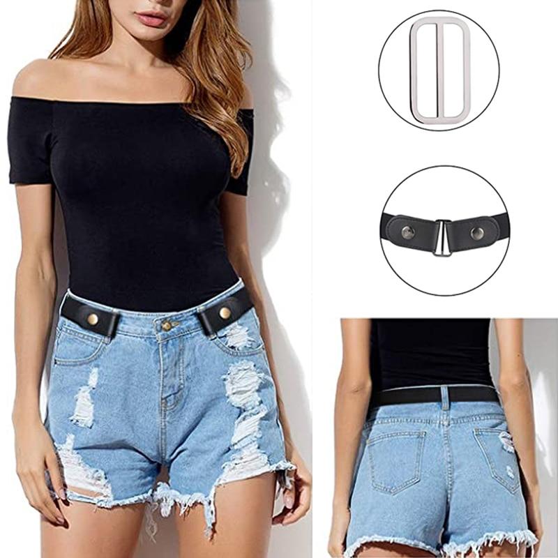Buckle-Free Stretch Belt for Women - Flat Elastic Waist Belt with Snap Tabs, No Buckle Bulge