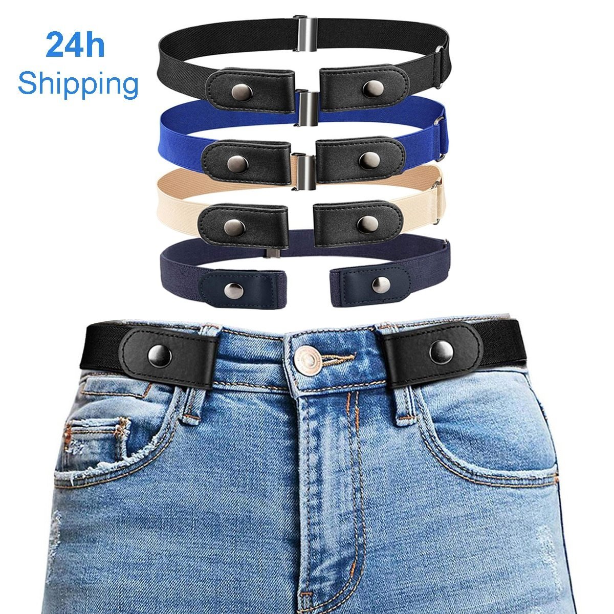 Buckle-Free Stretch Belt for Women - Flat Elastic Waist Belt with Snap Tabs, No Buckle Bulge