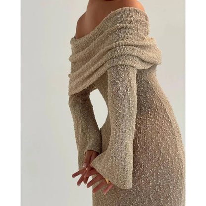 Off-Shoulder Knit Maxi Long Dress – Hollow-Out See-Through Cover-Up for Beach, Holiday, & Party Glam
