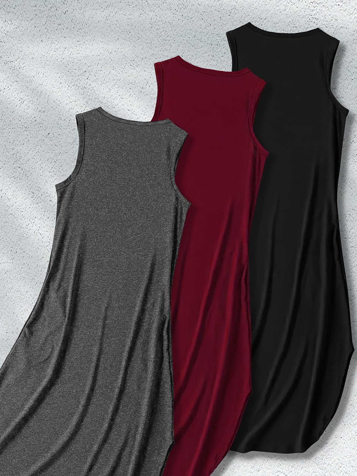 Women’s Sleeveless Maxi Dresses - 3pcs Casual Stretchy Solid Color Outfits, Polyester Blend with Side Slit, Machine Washable, Comfortable and Stylish for All-Season Everyday Wear