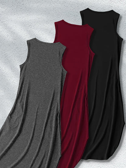 Women’s Sleeveless Maxi Dresses - 3pcs Casual Stretchy Solid Color Outfits, Polyester Blend with Side Slit, Machine Washable, Comfortable and Stylish for All-Season Everyday Wear