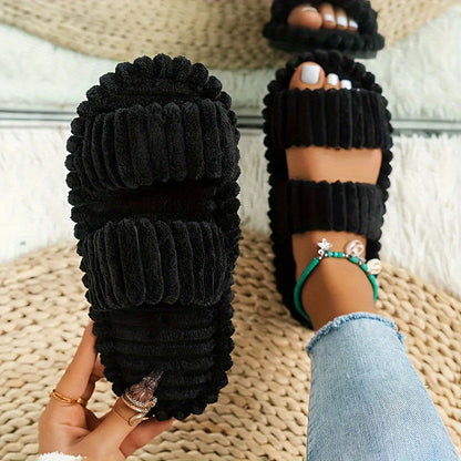 Women's Elegant Plush Slippers - Warm Lining, Open-Toe Style, Non-Slip Sole for Indoor Cozy Comfort & Style