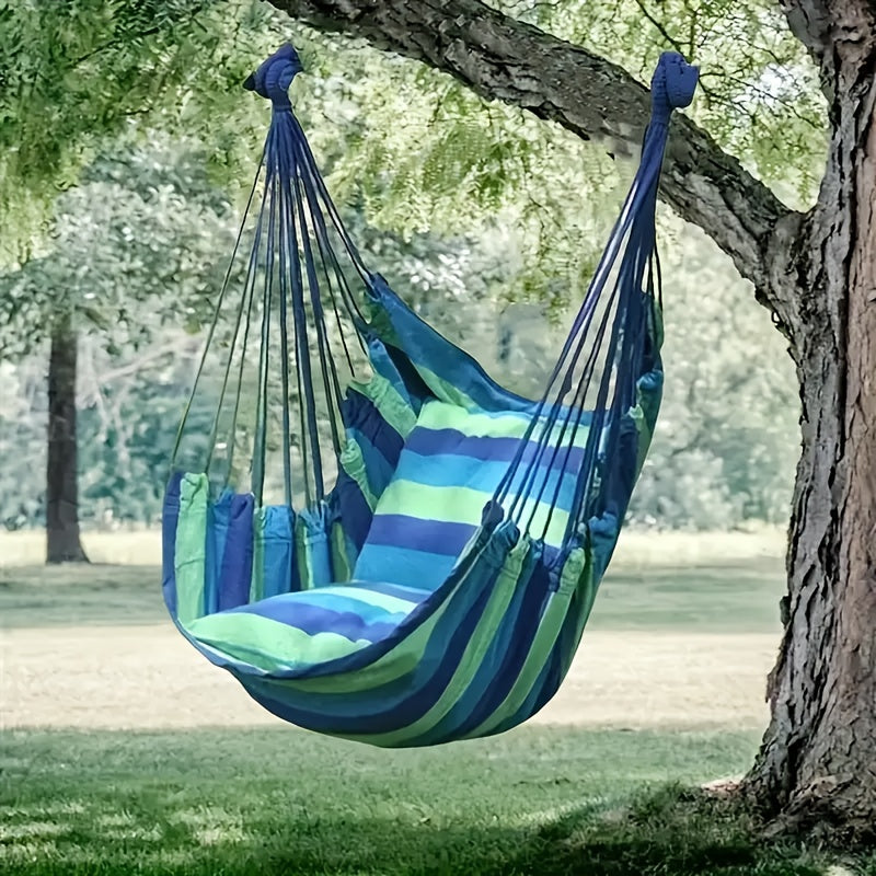 Striped Hammock Chair – Hanging Rope Swing Seat with Cushions for Porch, Patio, Bedroom & Camping
