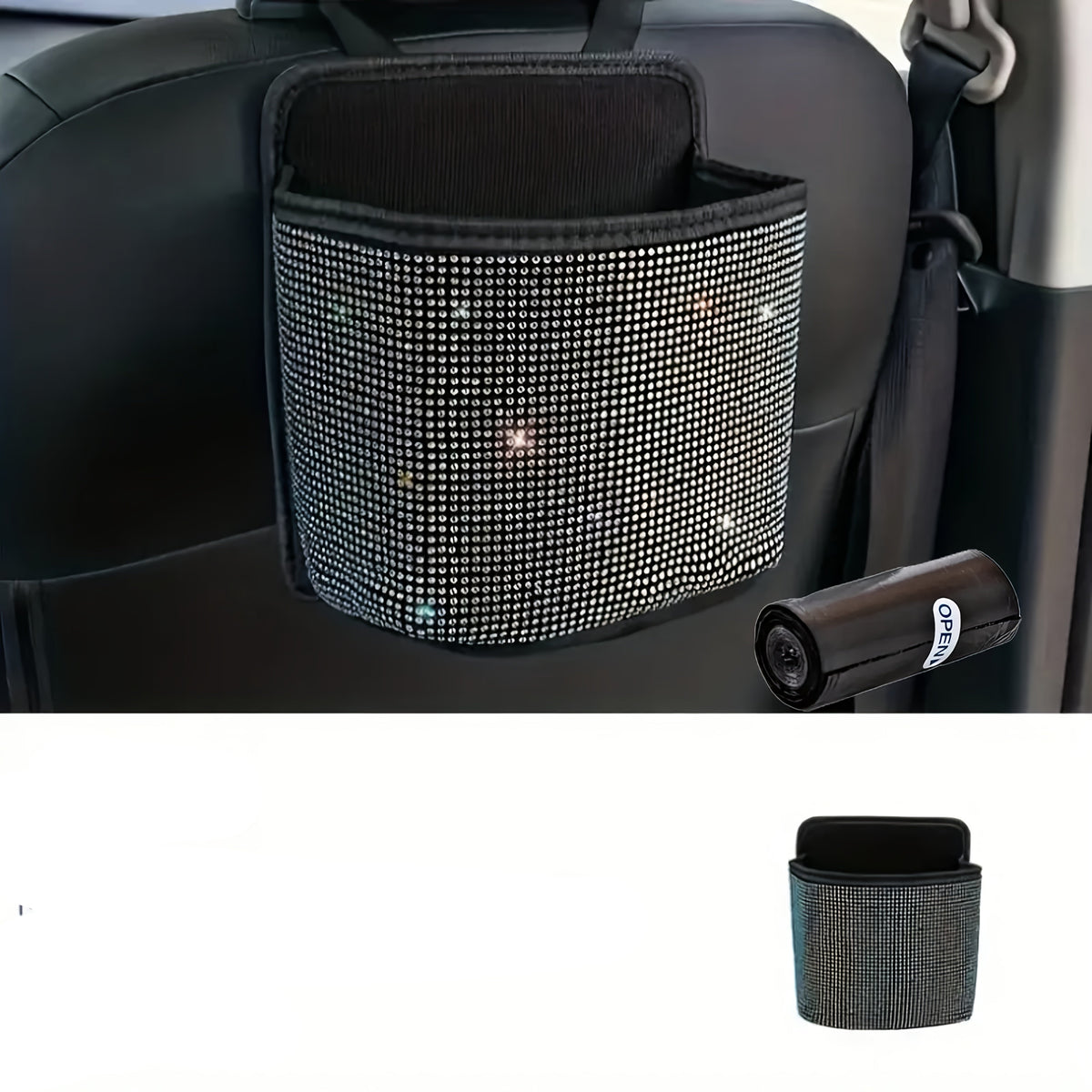 Rhinestone Car Trash Can Set – 2-Piece  Sparkling Hanging Auto Garbage Bin with Trash Bags for Car Interior Storage & Organization