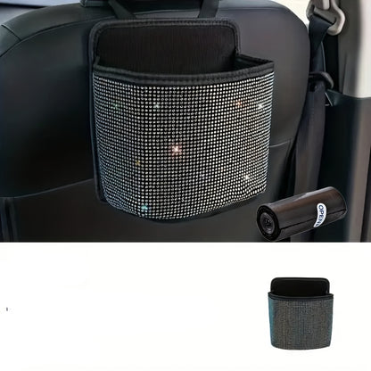 Rhinestone Car Trash Can Set – 2-Piece  Sparkling Hanging Auto Garbage Bin with Trash Bags for Car Interior Storage & Organization