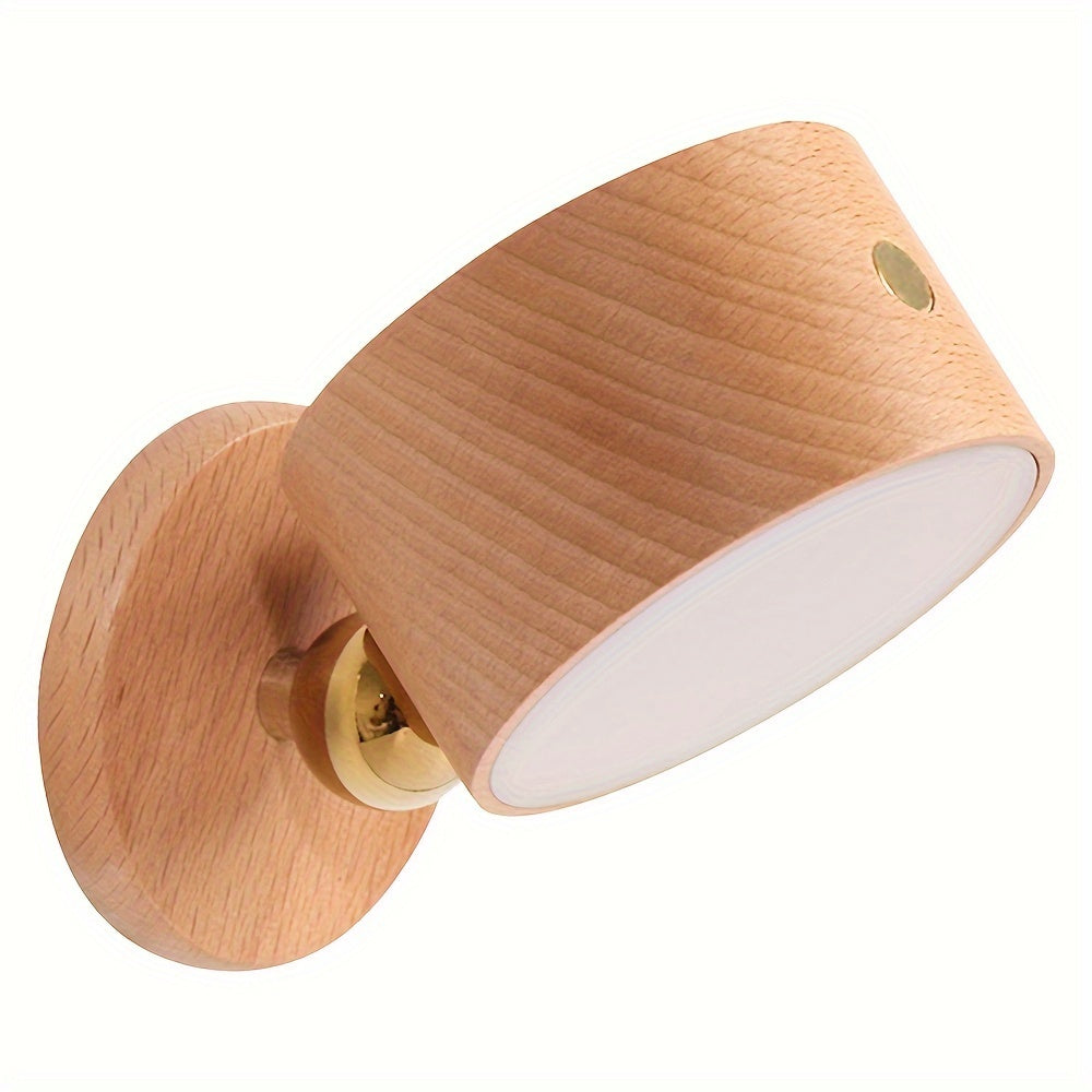 Wooden LED Bedside Reading Lamp – 360° Rotating Touch-Control Night Light, USB Rechargeable, Dimmable, Wall Mountable for Stylish Bedside Glow