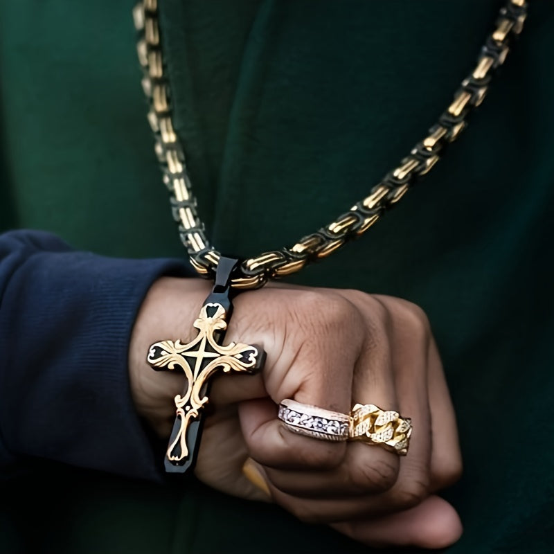 Vintage Men’s Necklace Set – Cuban Chain with Stainless Steel Cross Pendant for Street Style, Hip Hop and Daily Accessories