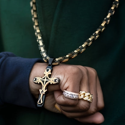 Vintage Men’s Necklace Set – Cuban Chain with Stainless Steel Cross Pendant for Street Style, Hip Hop and Daily Accessories