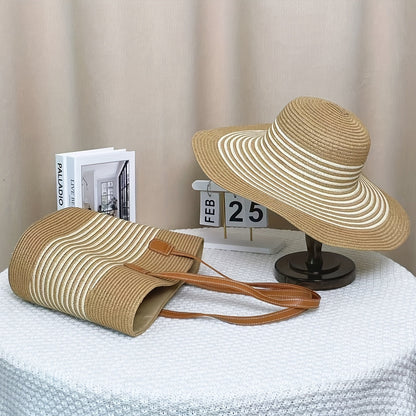 Bohemian Wide Brim Straw Hat and Bag Set – Women’s Summer Sun Hat with Matching Shoulder Bag, Beach and Travel Ready