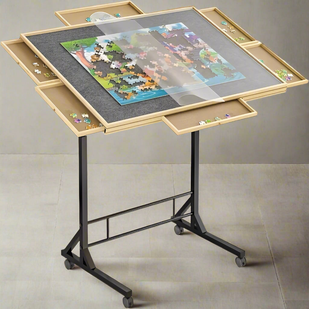 Tilting Wooden Puzzle Table with 4 Drawers - Height-Adjustable Rolling Jigsaw Board with Felt Top and Clear Cover, for Puzzles up to 1500 Pieces