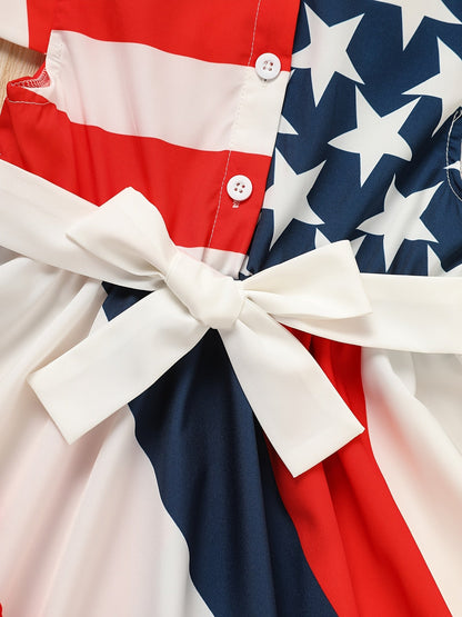 Girls’ Independence Day Twirl Dress – Red, White & Blue Stars & Stripes Short-Sleeve 4th of July Summer Dress