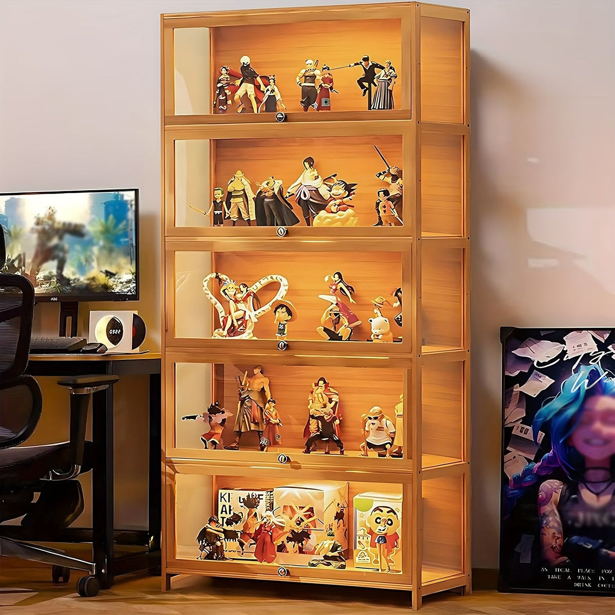 Five Tier Wooden Cabinet Organizer – Elegant Display Storage for Collectibles, Keepsakes, and Miniatures in Any Room or Workspace