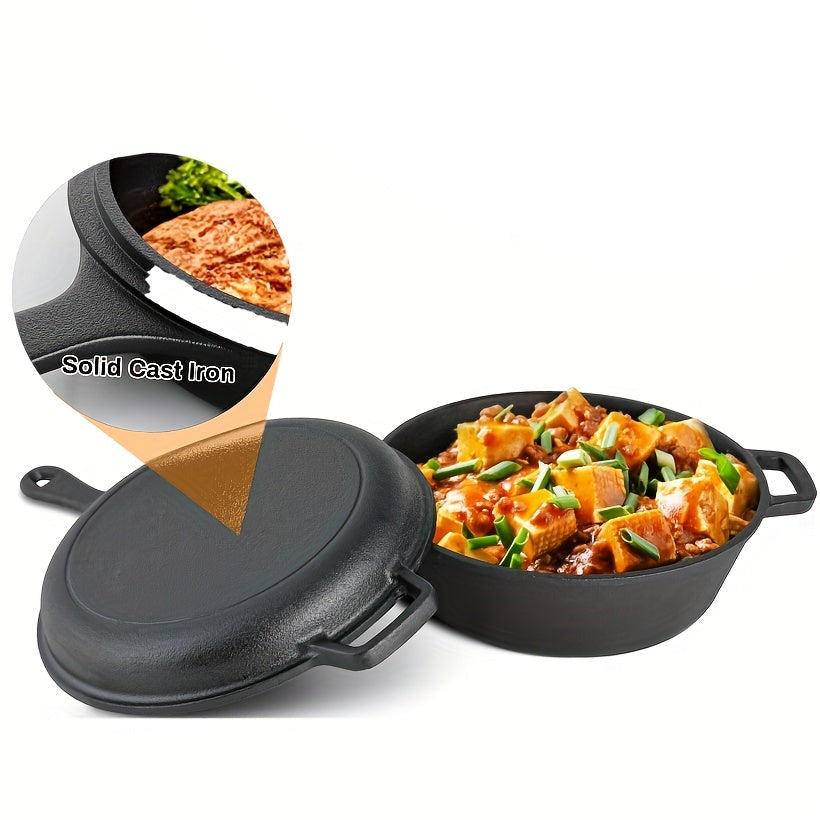 Heavy-Duty Cast Iron Dutch Oven Set – 2-in-1 Convertible Pot & Lid with Silicone Grips for Indoor and Outdoor Cooking Versatility