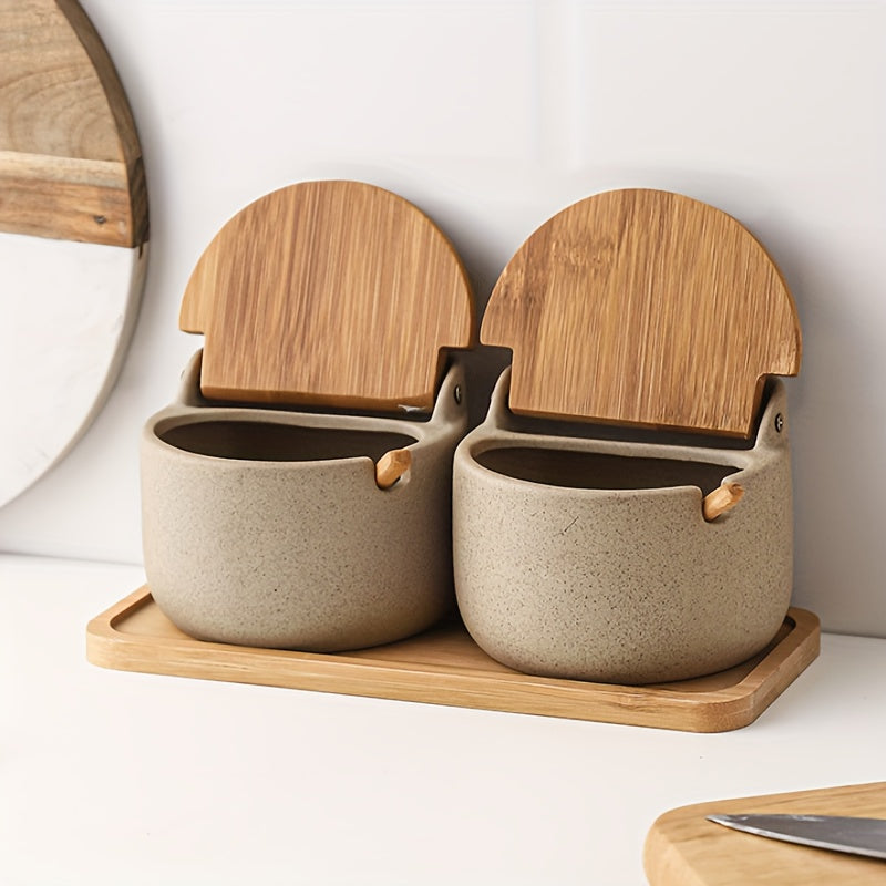 Japanese Ceramic Seasoning Jar Set – Elegant Salt and Sugar Containers with Bamboo Lids for Organized and Stylish Kitchen or Restaurant Use