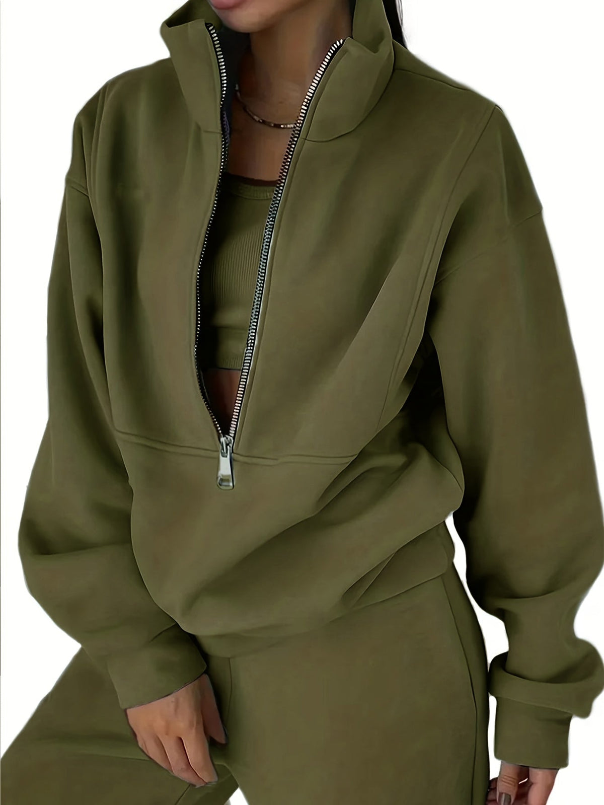 Women’s Two-Piece Zip Sweatshirt & Pants Set – Long Sleeve Casual Lounge Outfit with Elastic Waist Design
