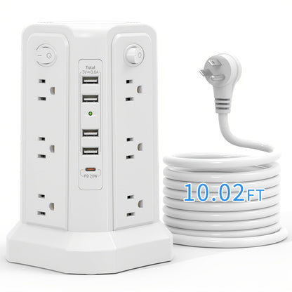 Upgraded Surge Protector Tower – 12 AC Outlets & 5 USB Ports with 10.2ft Cord, Must-Have Charging Station for Home, Office, Travel