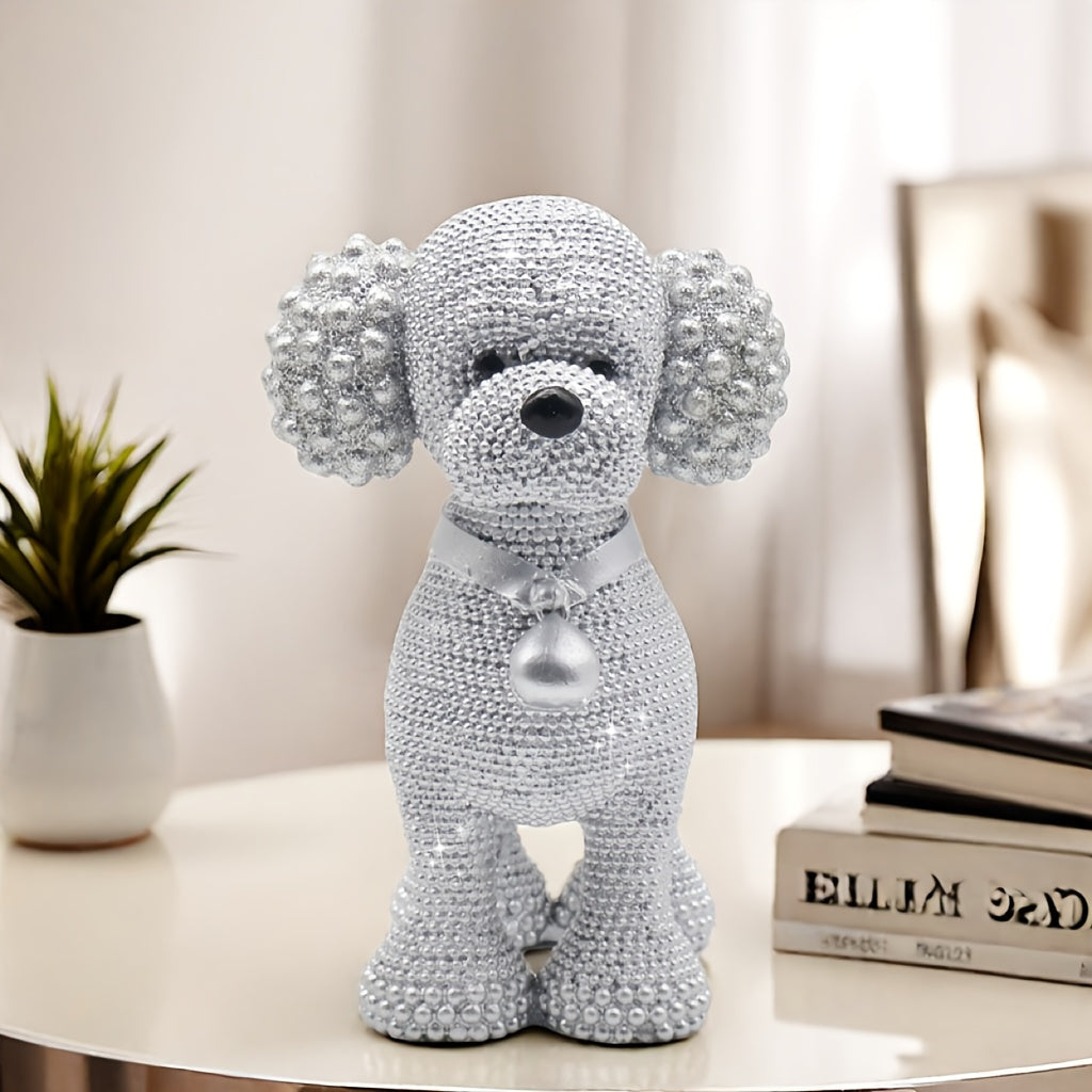 Silver Resin Dog Statue with Bell Detail – Unique Beaded Holiday Table Decor for Gifting, Bookshelves, or Sophisticated Living Room Charm