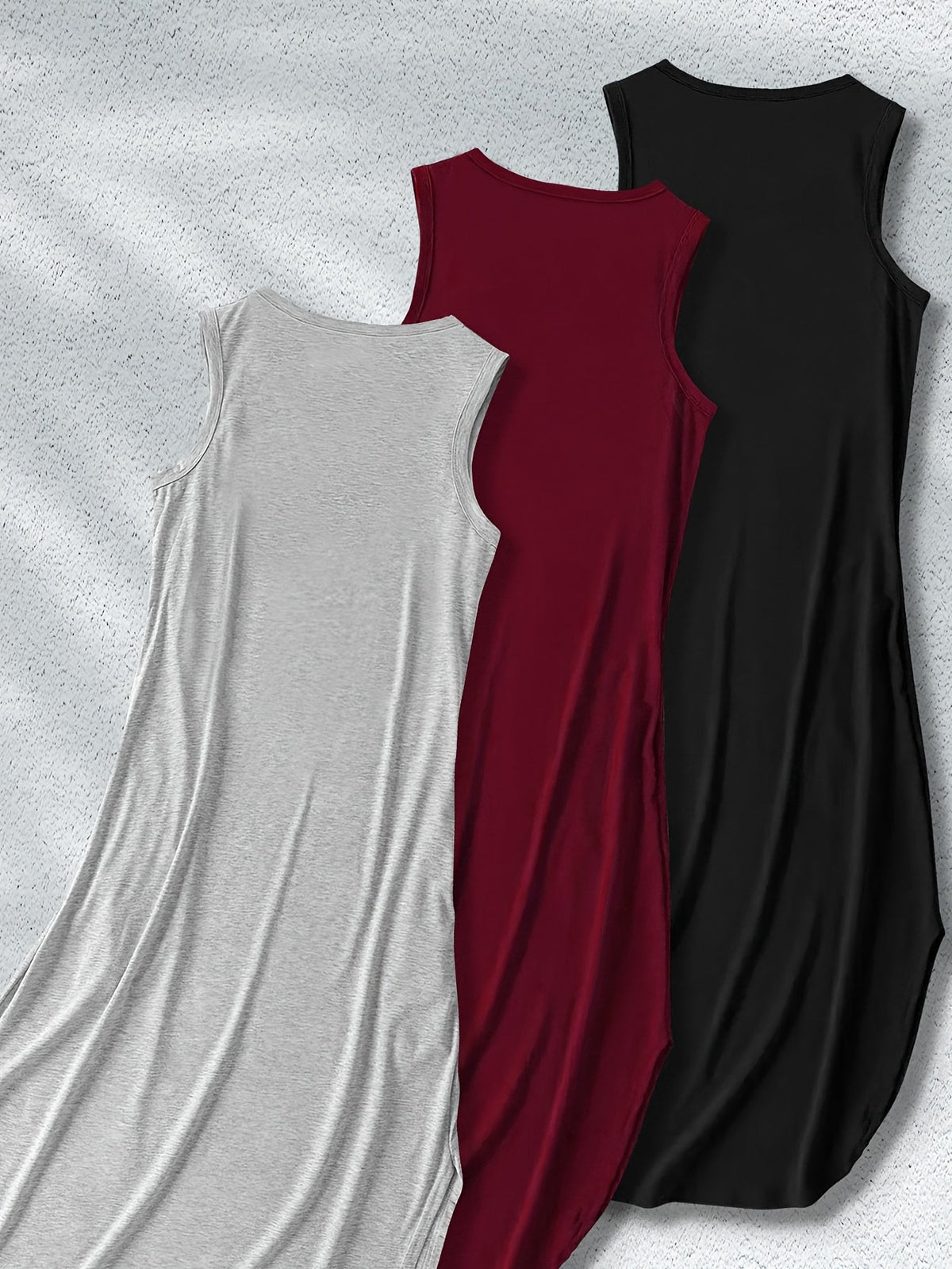 Women’s Sleeveless Maxi Dresses - 3pcs Casual Stretchy Solid Color Outfits, Polyester Blend with Side Slit, Machine Washable, Comfortable and Stylish for All-Season Everyday Wear